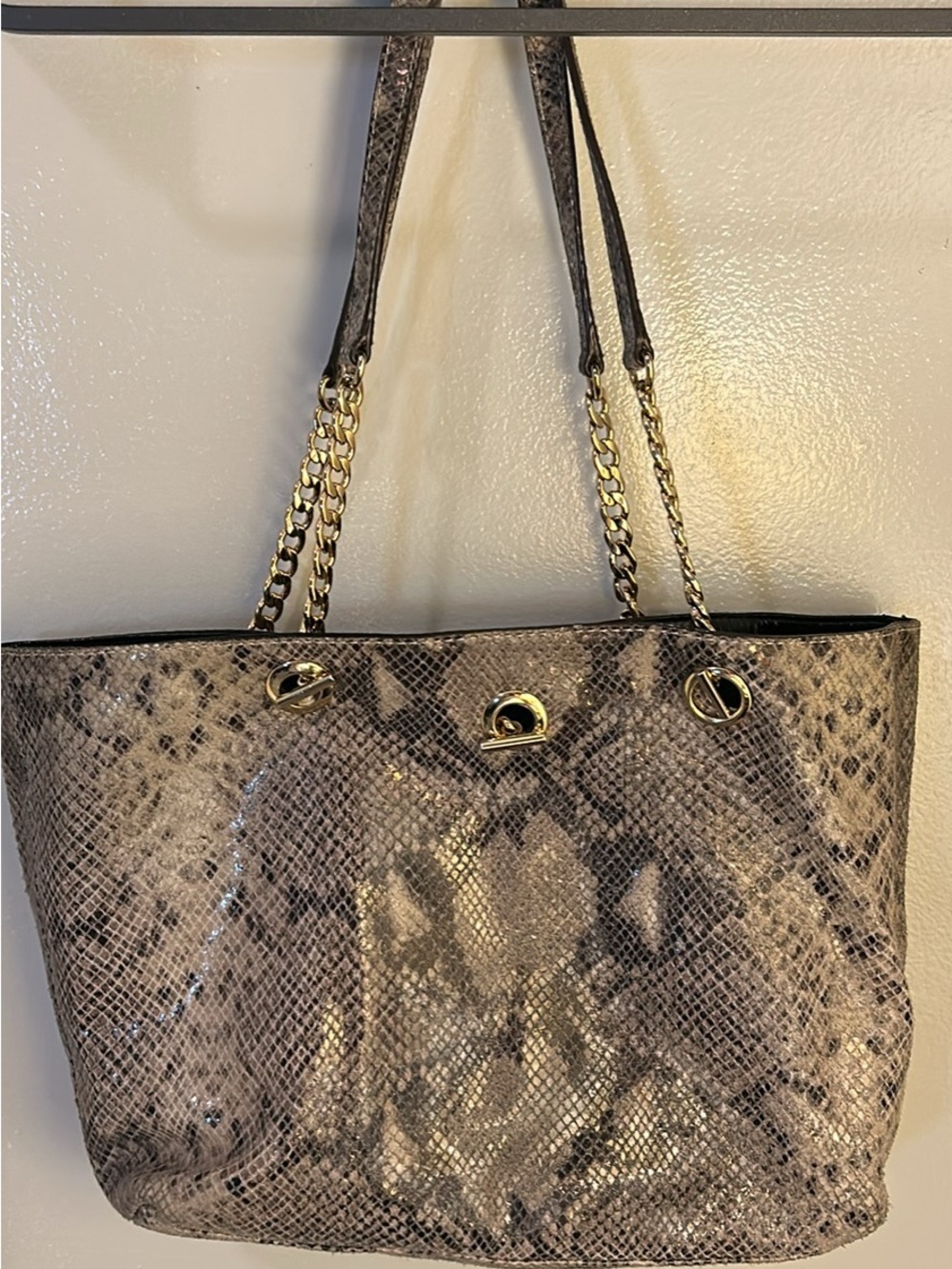 Michael Kors Snake-Print Tote in Taupe and Black with Gold Chain Straps